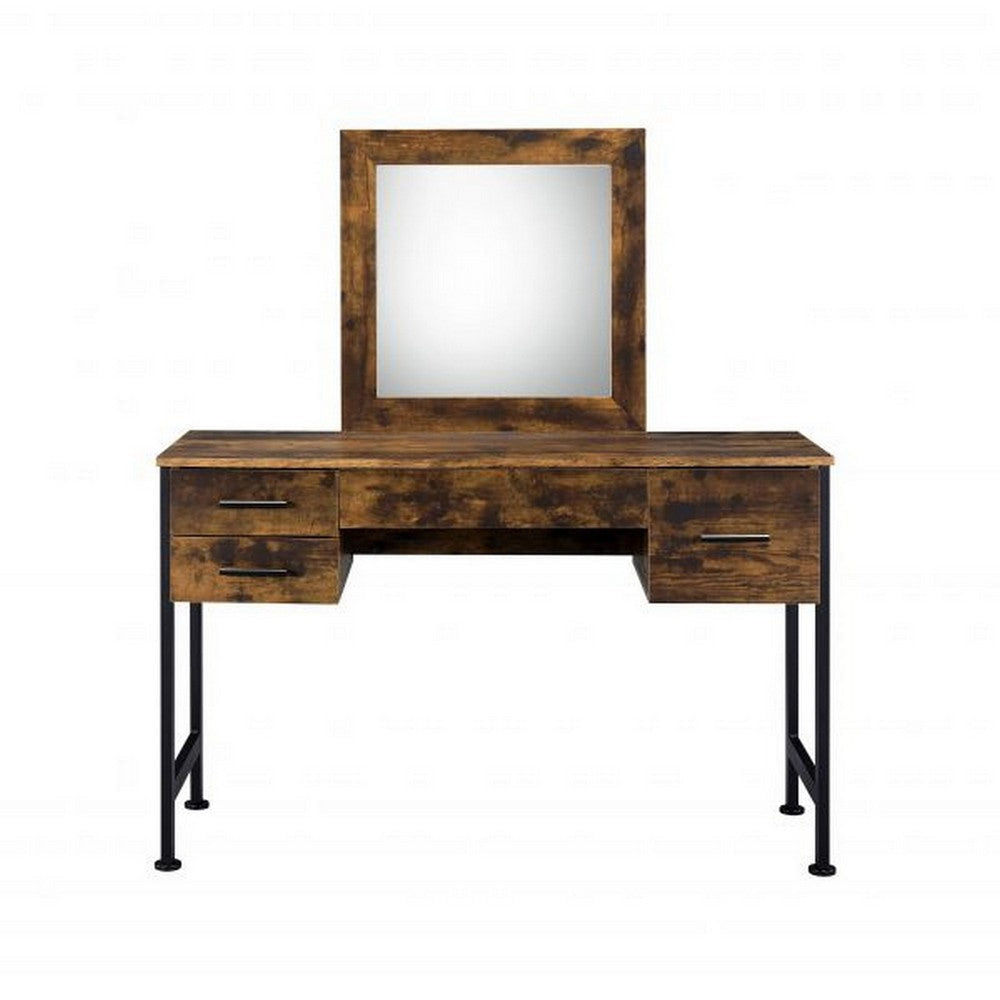 Vanity Desk with 4 Drawers and Square Mirror Brown and Black By Casagear Home BM268893