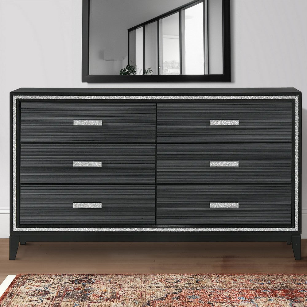 Dresser with 6 Drawers and Shimmering Trim, Weathered Black