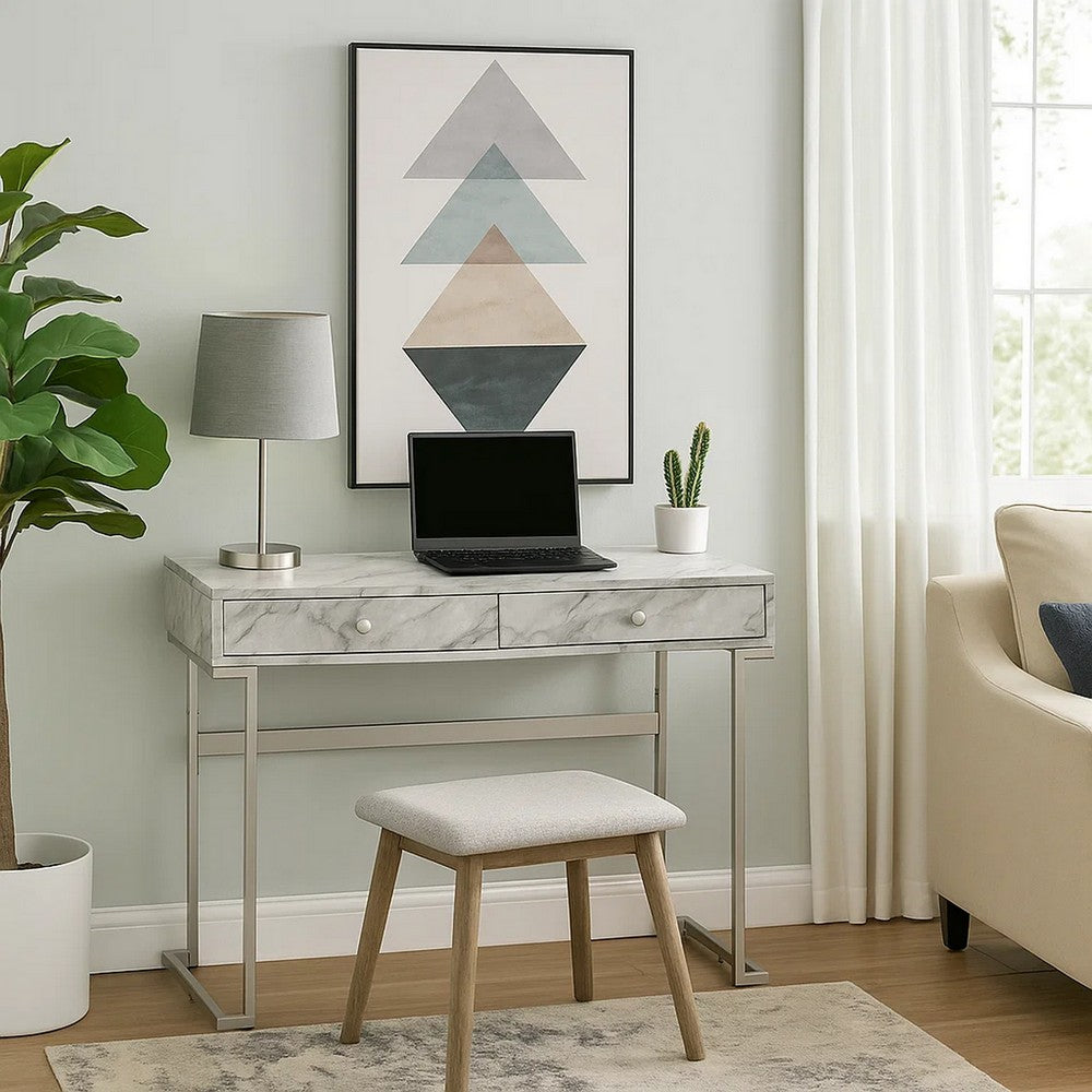Writing Desk with 2 Drawers and Faux Marble Top, Gray