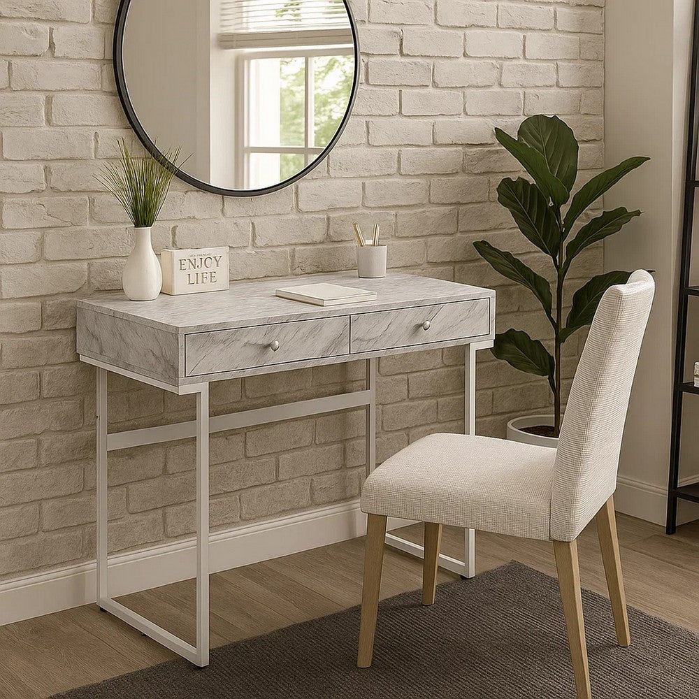 Writing Desk with 2 Drawers and Faux Marble Top, Gray