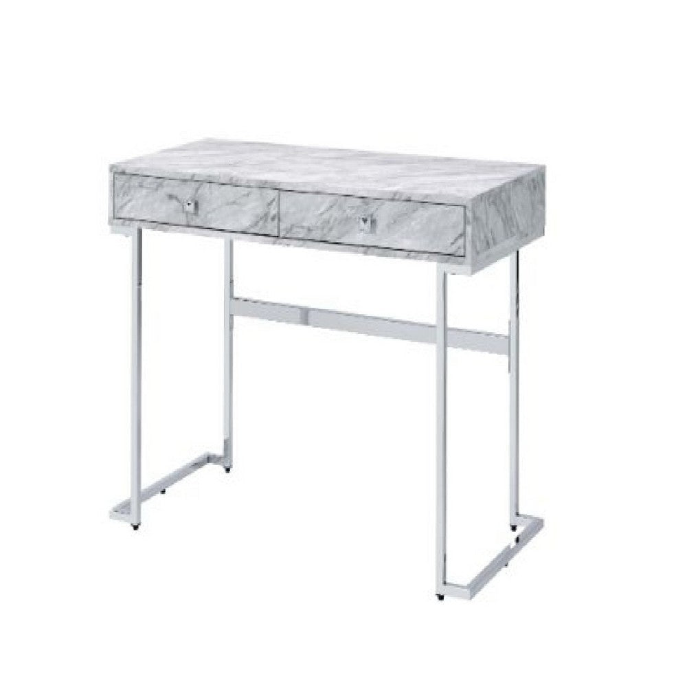 Writing Desk with 2 Drawers and Faux Marble Top, Gray