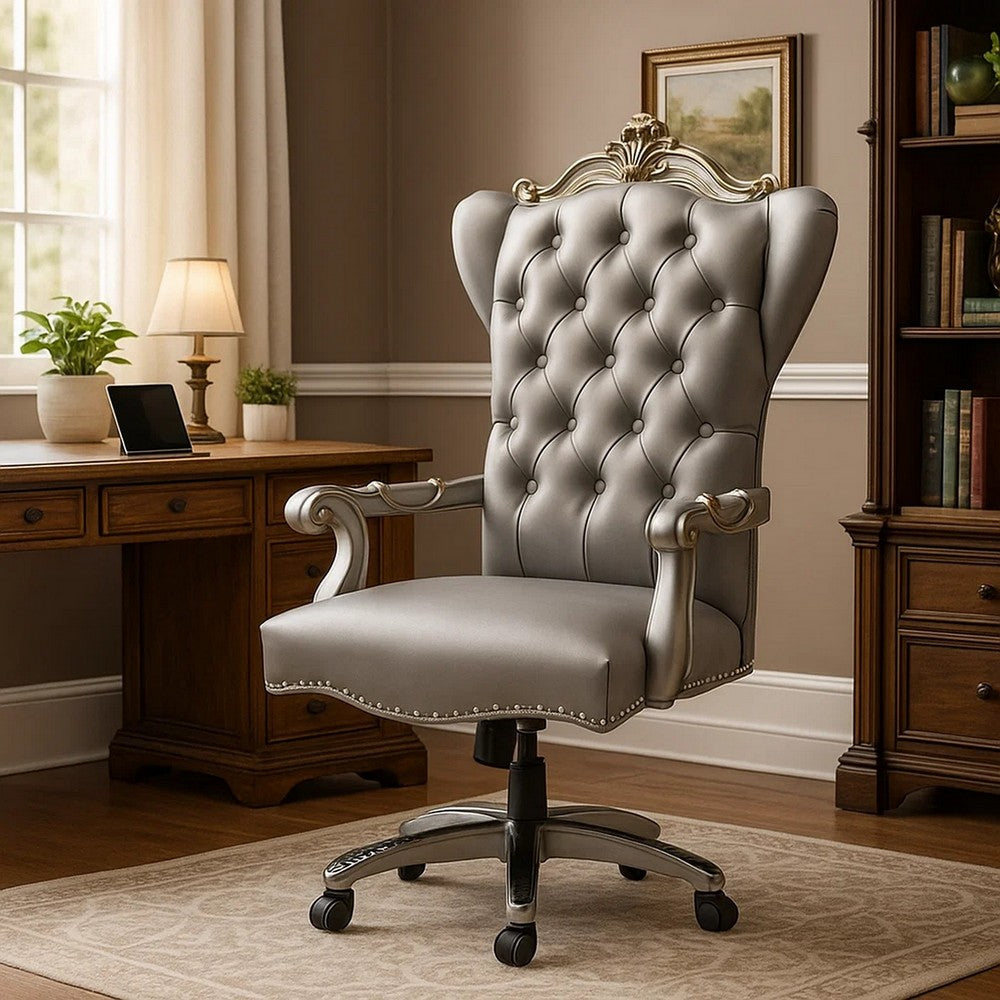 Office Chair with Leatherette Seat and Crowned Back, Silver