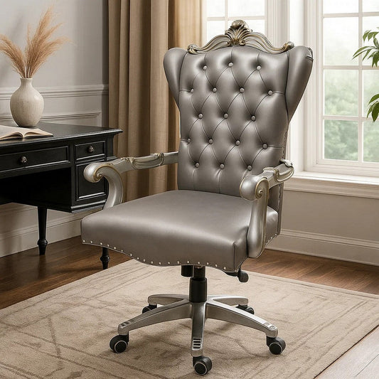 Office Chair with Leatherette Seat and Crowned Back, Silver