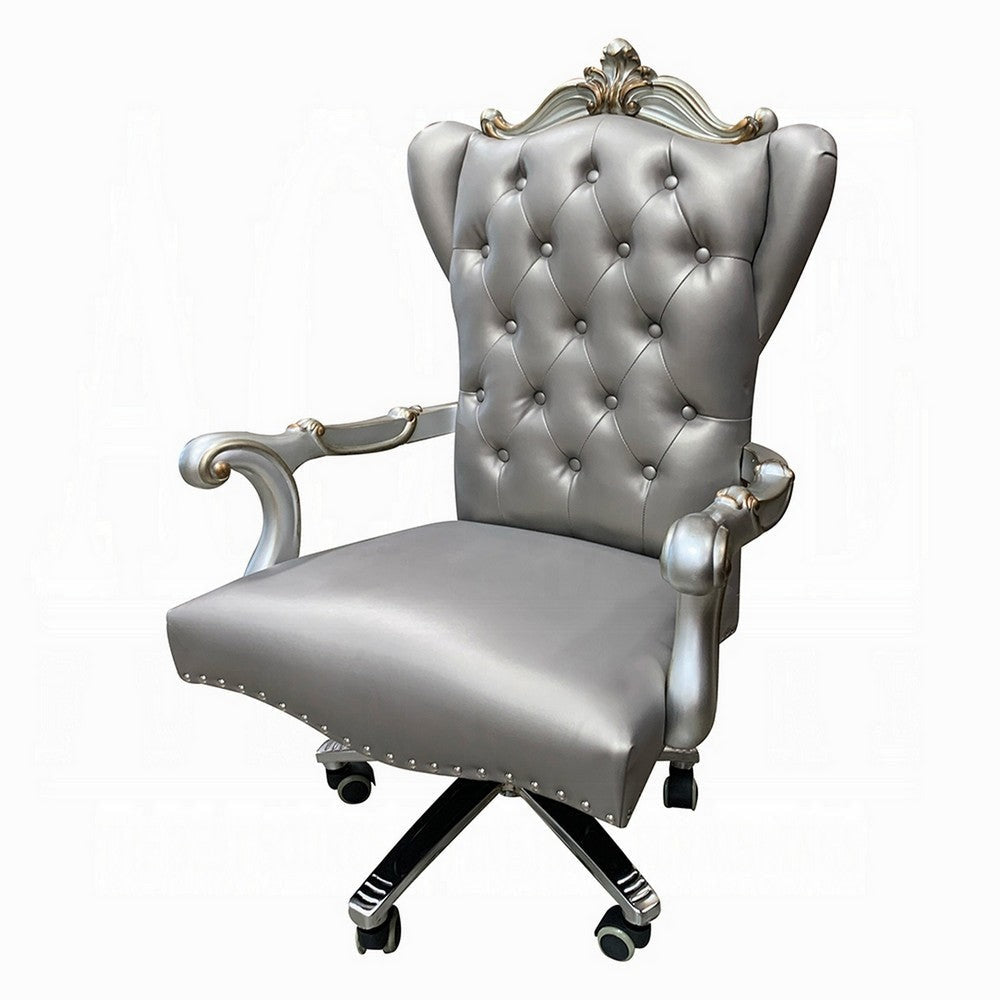 Office Chair with Leatherette Seat and Crowned Back, Silver