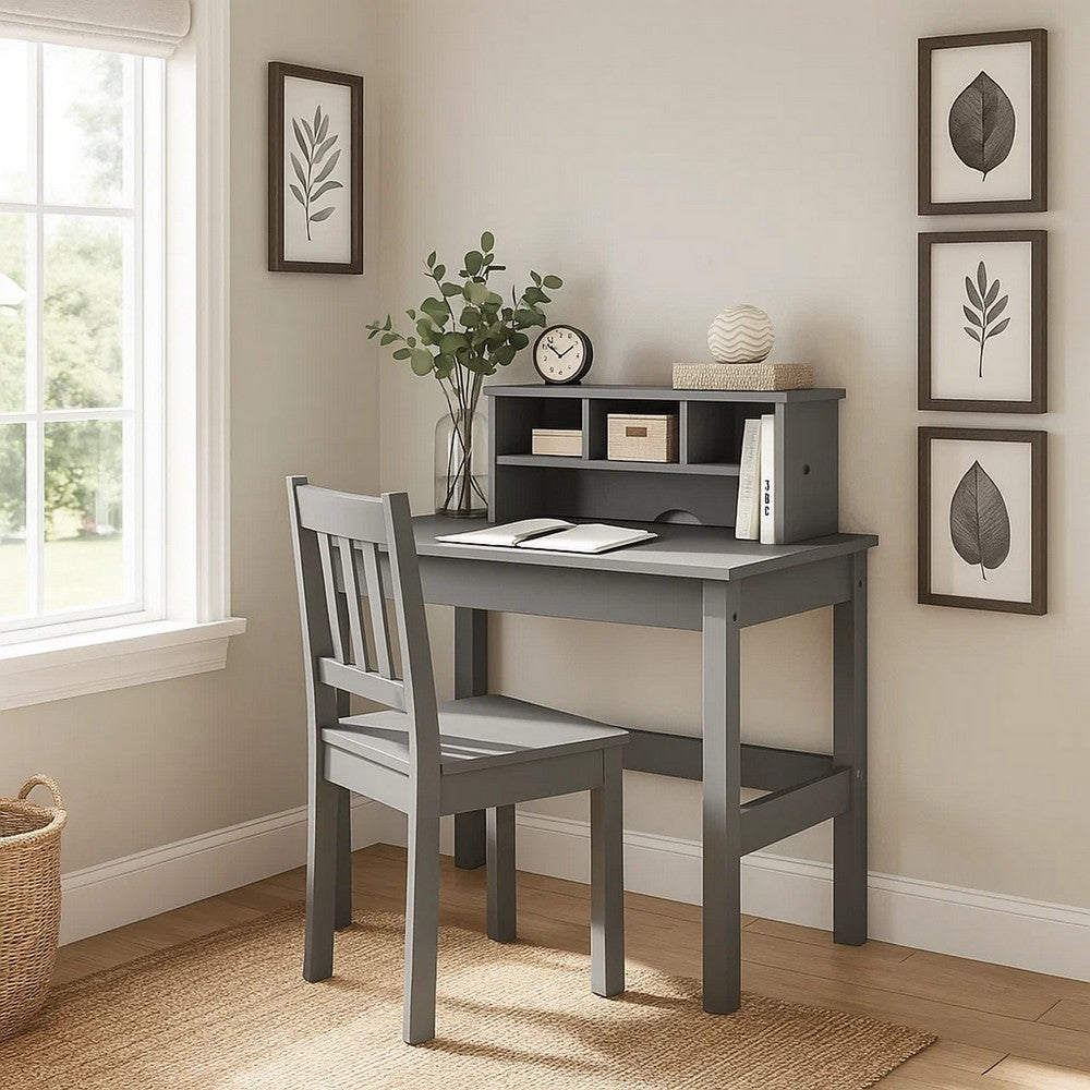 Writing Desk with Wooden Frame and Open Compartments, Gray