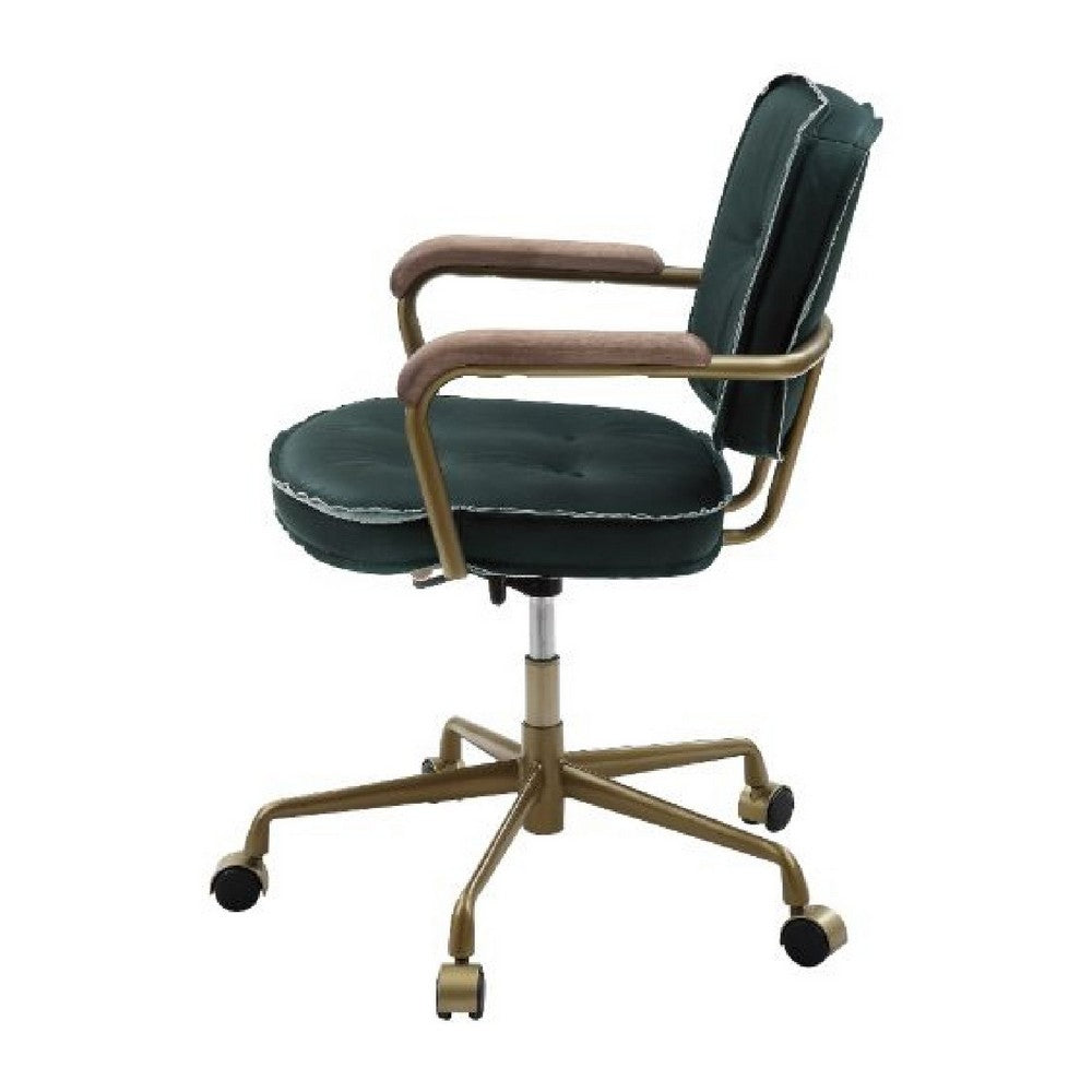 Office Chair with Leather Seat and Button Tufted Back, Green By Casagear Home