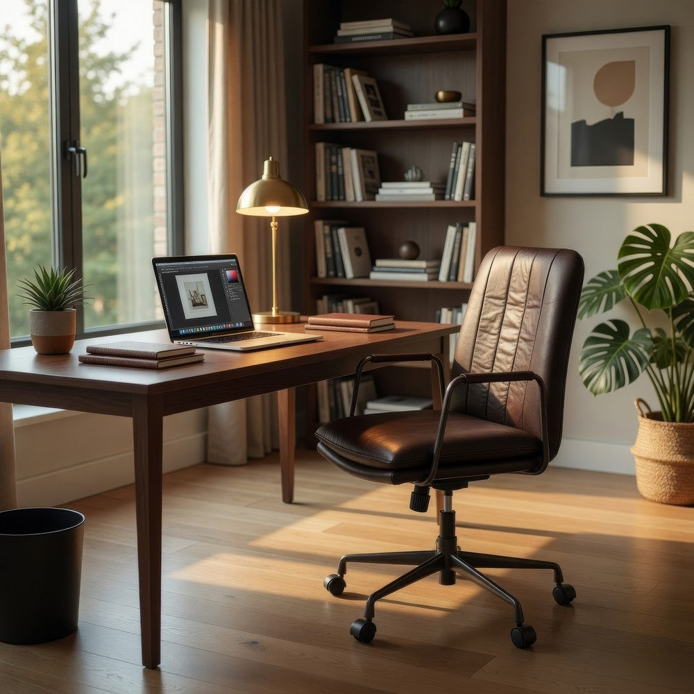 Office Chair with Leather Seat and Channel Stitching, Dark Brown
