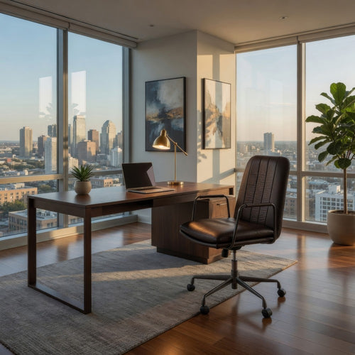 Office Chair with Leather Seat and Channel Stitching, Dark Brown