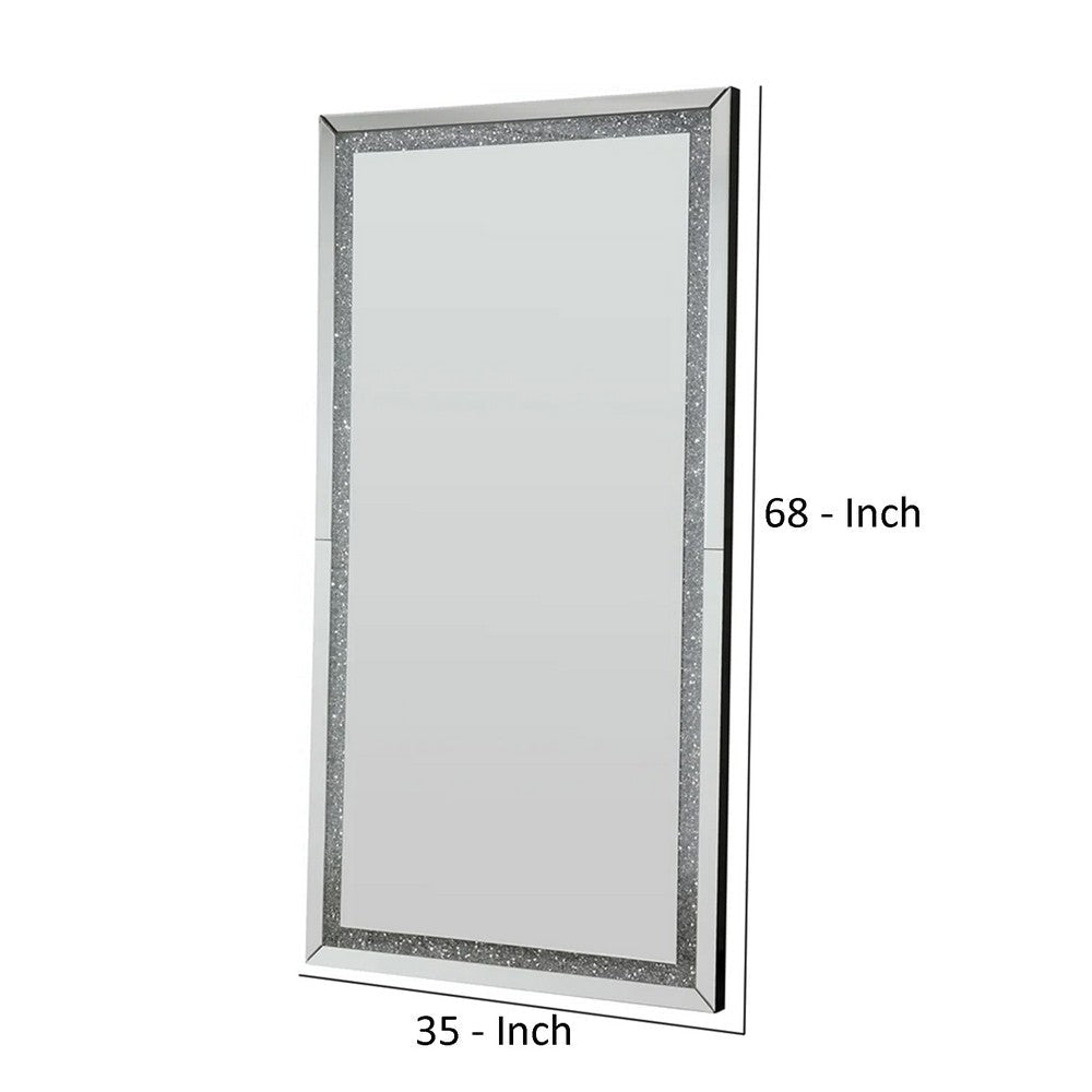 Floor Mirror with Faux Diamond Inlays and LED Trim Silver By Casagear Home BM268947