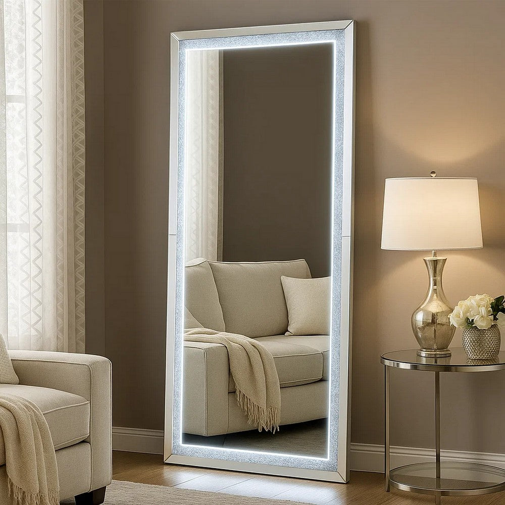Vivian Floor Mirror | LED Trim | Faux Diamond Inlays | Silver