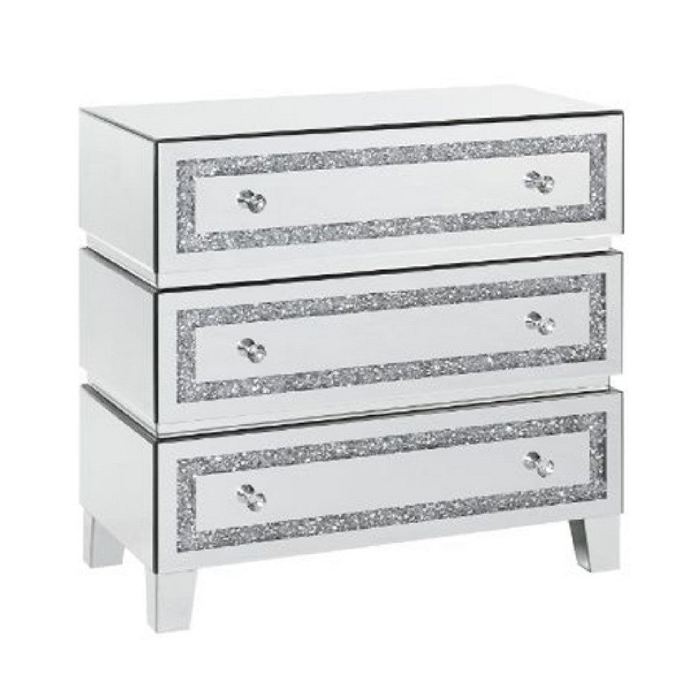 Storage Cabinet with 3 Drawers and Faux Diamond Inlays, Silver By Casagear Home