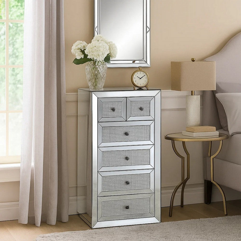 Storage Cabinet with 6 Drawers and Faux Diamond Inlays, Silver