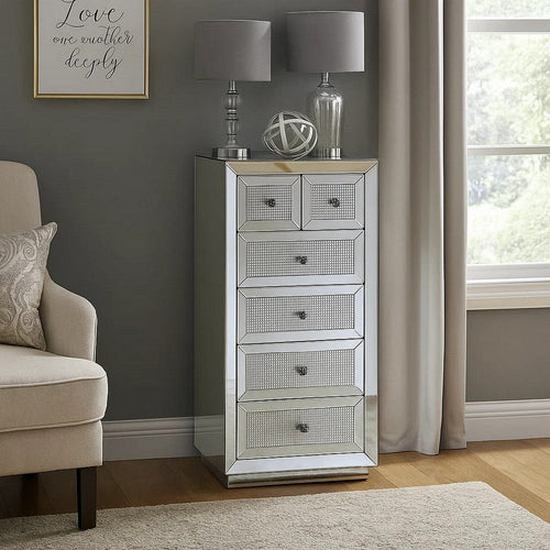 Storage Cabinet with 6 Drawers and Faux Diamond Inlays, Silver