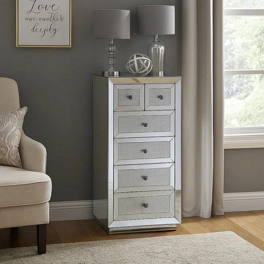 Storage Cabinet with 6 Drawers and Faux Diamond Inlays, Silver