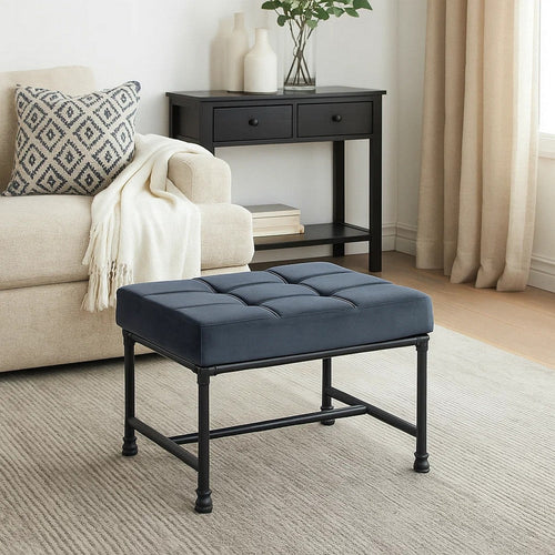 Ottoman with Tufted Velvet Seat and Metal Frame, Gray