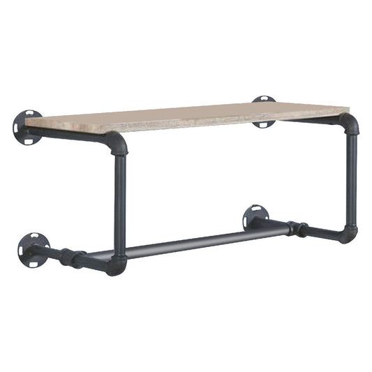 Wooden Wall Rack with Tubular Metal Frame, Brown and Black