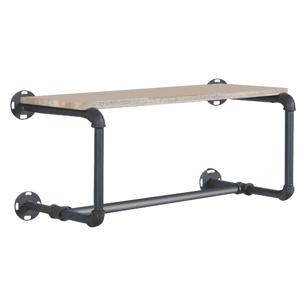 Wooden Wall Rack with Tubular Metal Frame, Brown and Black