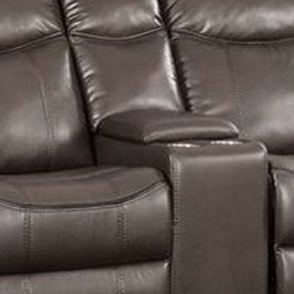 Leather Motion Loveseat with USB Dock and Storage Console Brown BM269004