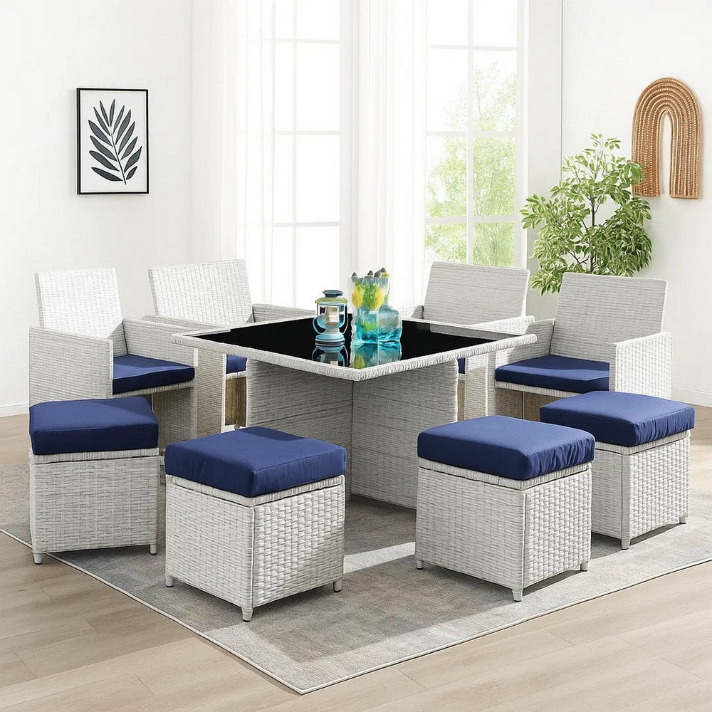9 Piece Patio Set with Wicker Frame and Ottoman, White