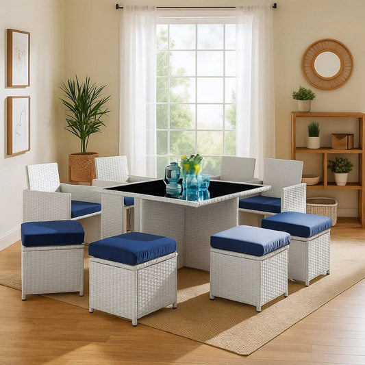 9 Piece Patio Set with Wicker Frame and Ottoman, White