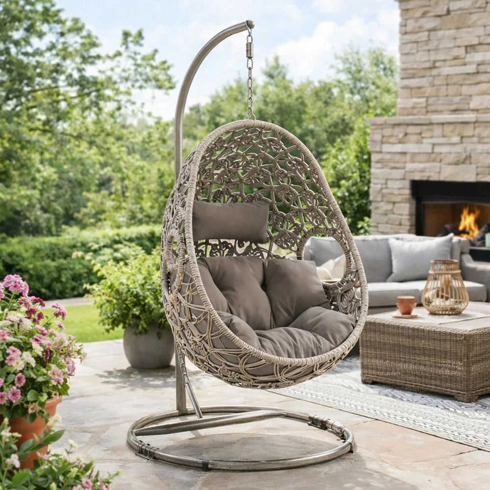 Arlo Hanging Chair | Wicker Frame | Circular Motifs | Gray