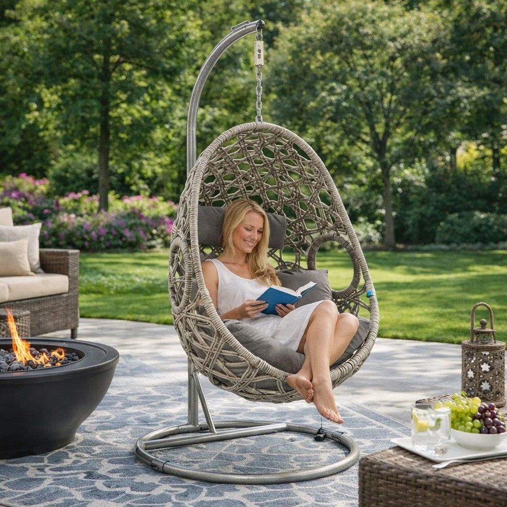 Arlo Hanging Chair | Wicker Frame | Circular Motifs | Gray