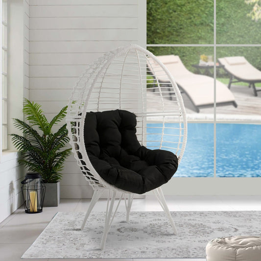 Wicker Patio Lounge Chair with Angled Metal Legs, White By Casagear Home