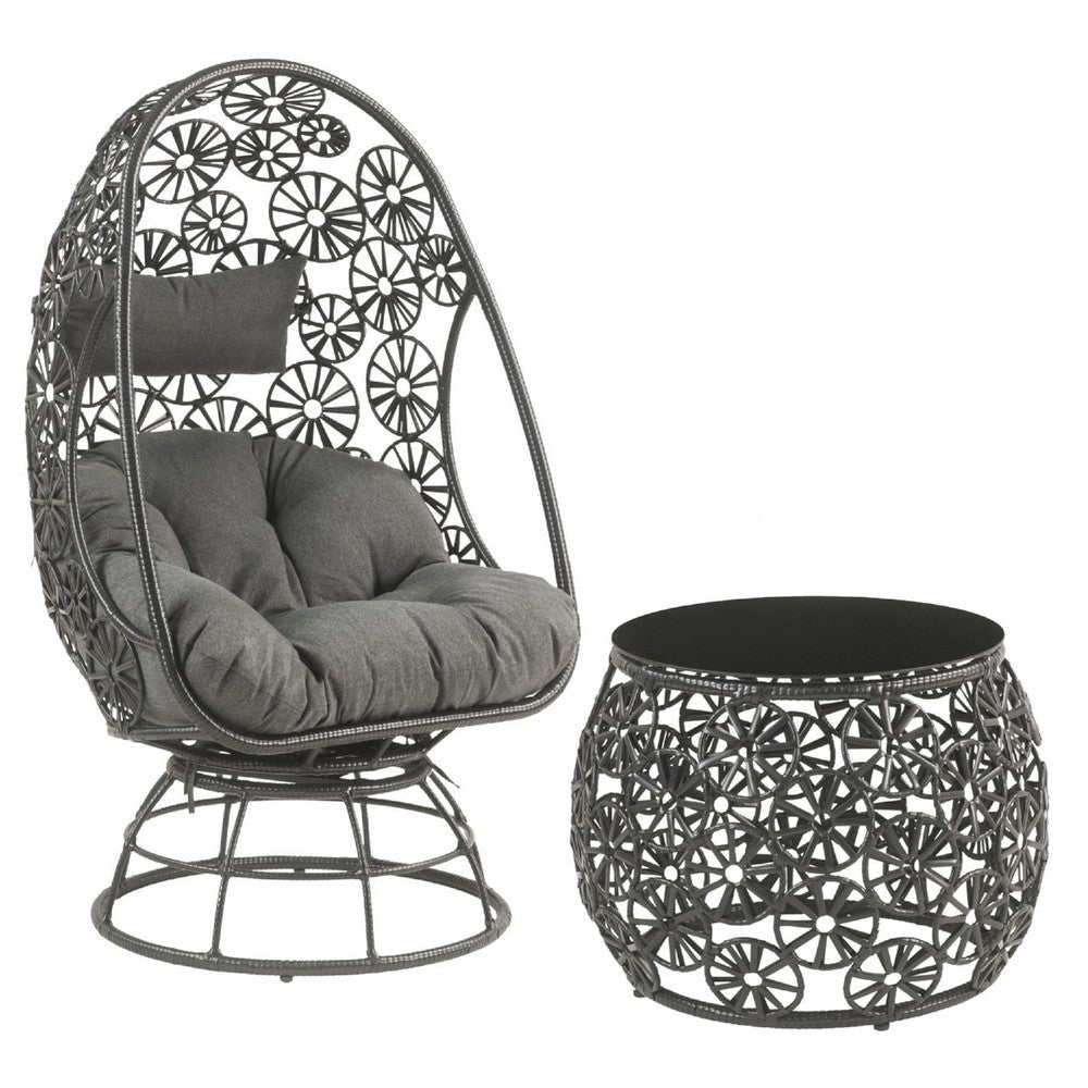 2 Piece Patio Lounge Chair with Open Circular Motifs, Black