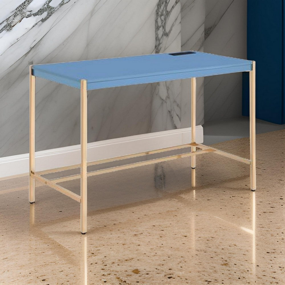 Writing Desk with USB Dock and Metal Legs, Blue and Rose Gold By Casagear Home