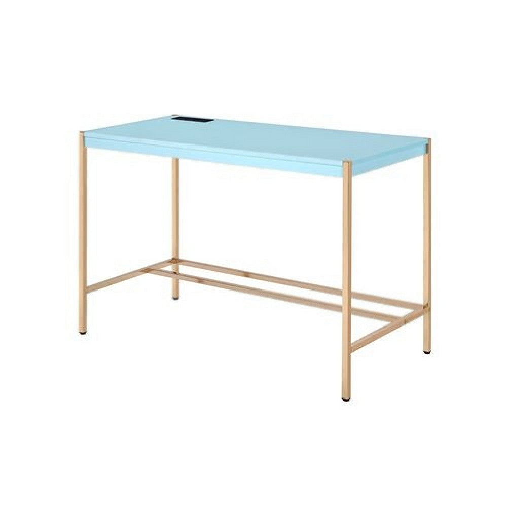 Writing Desk with USB Dock and Metal Legs Sky Blue and Gold By Casagear Home BM269053