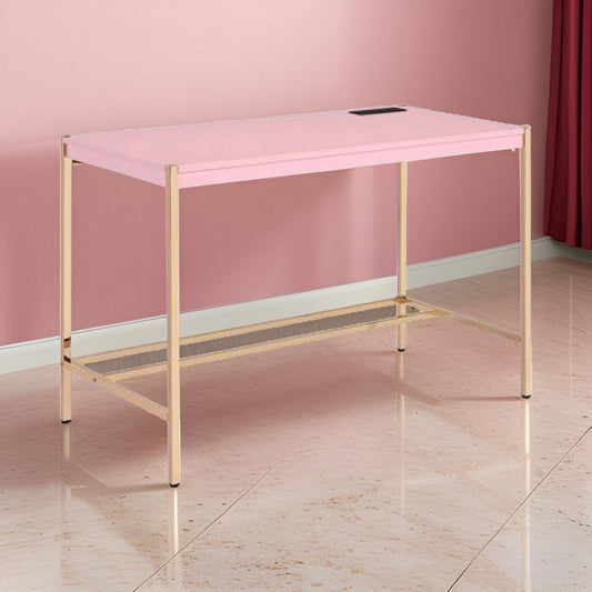Writing Desk with USB Dock and Metal Legs, Pink and Rose Gold By Casagear Home