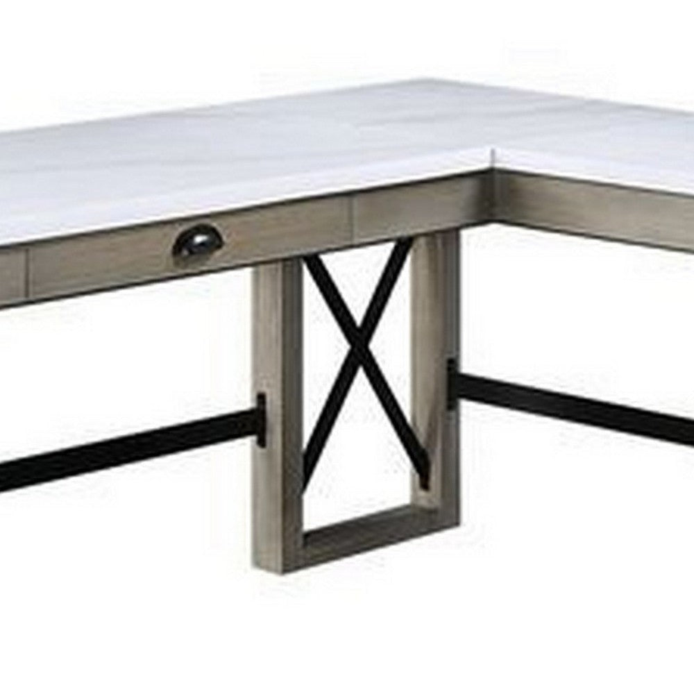 L Shaped Writing Desk with Marble Lift Top and Sled Base Gray and White BM269056