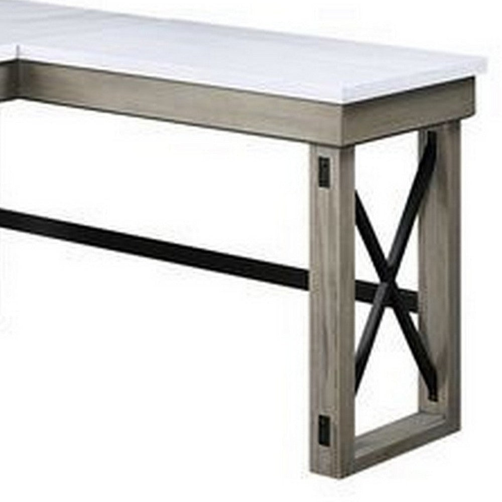 L Shaped Writing Desk with Marble Lift Top and Sled Base Gray and White BM269056