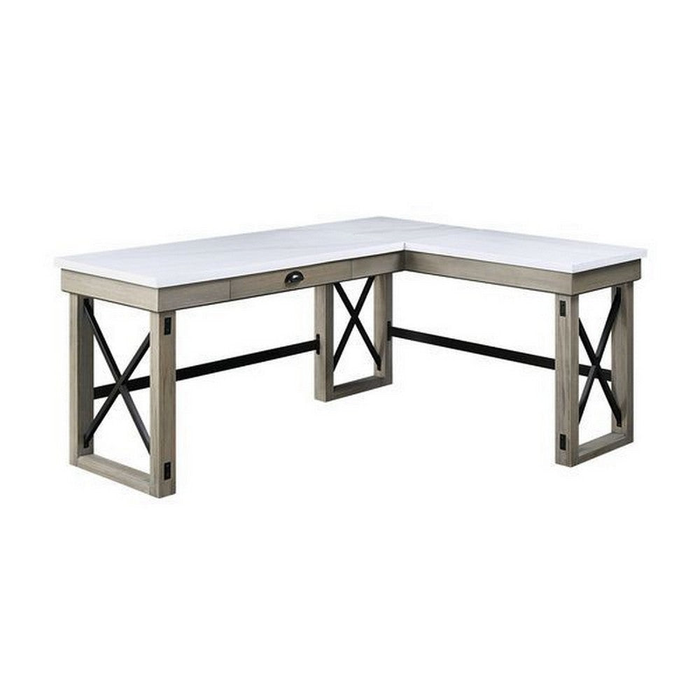 L Shaped Writing Desk with Marble Lift Top and Sled Base, Gray and White