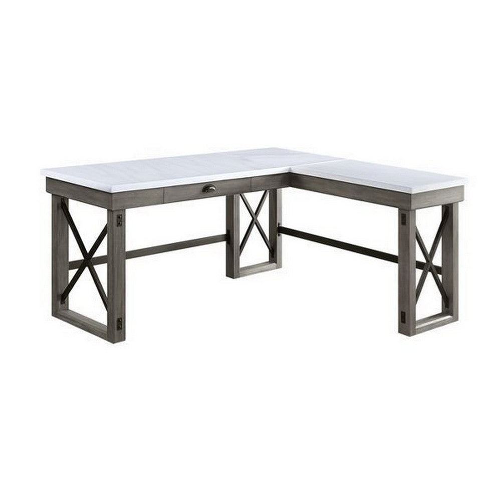 Nova L Shape Desk | Marble Lift Top | Sled Base | Gray & White