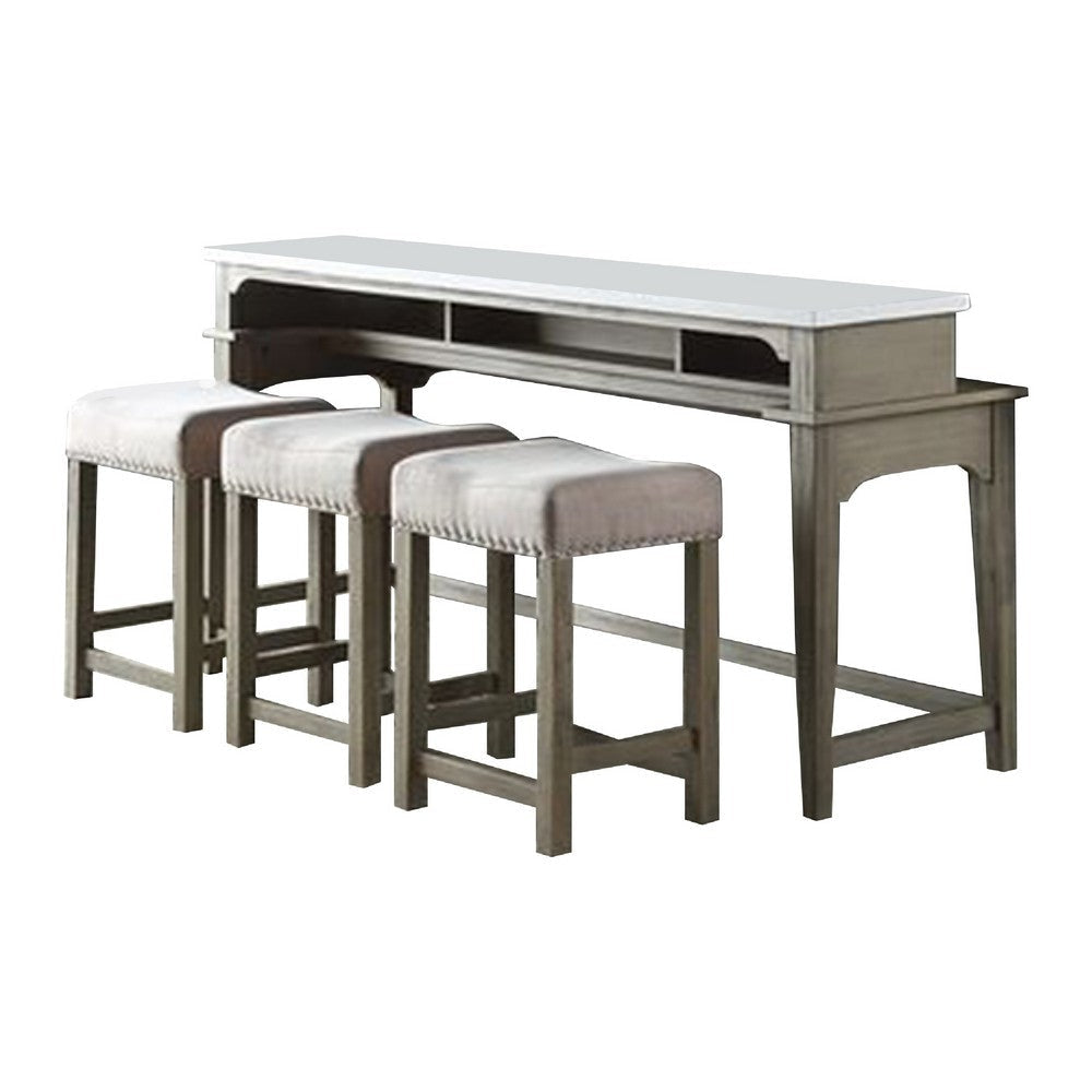4 Piece Counter Height Set with Marble Top and USB White and Oak Brown BM269058