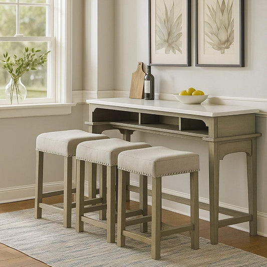 4 Piece Counter Height Set with Marble Top and USB, White and Oak Brown