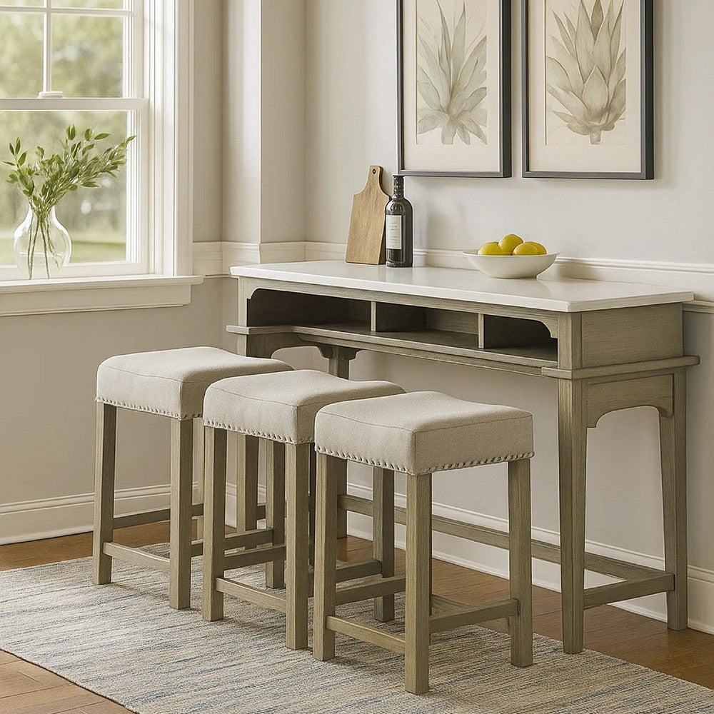 4 Piece Counter Height Set with Marble Top and USB, White and Oak Brown