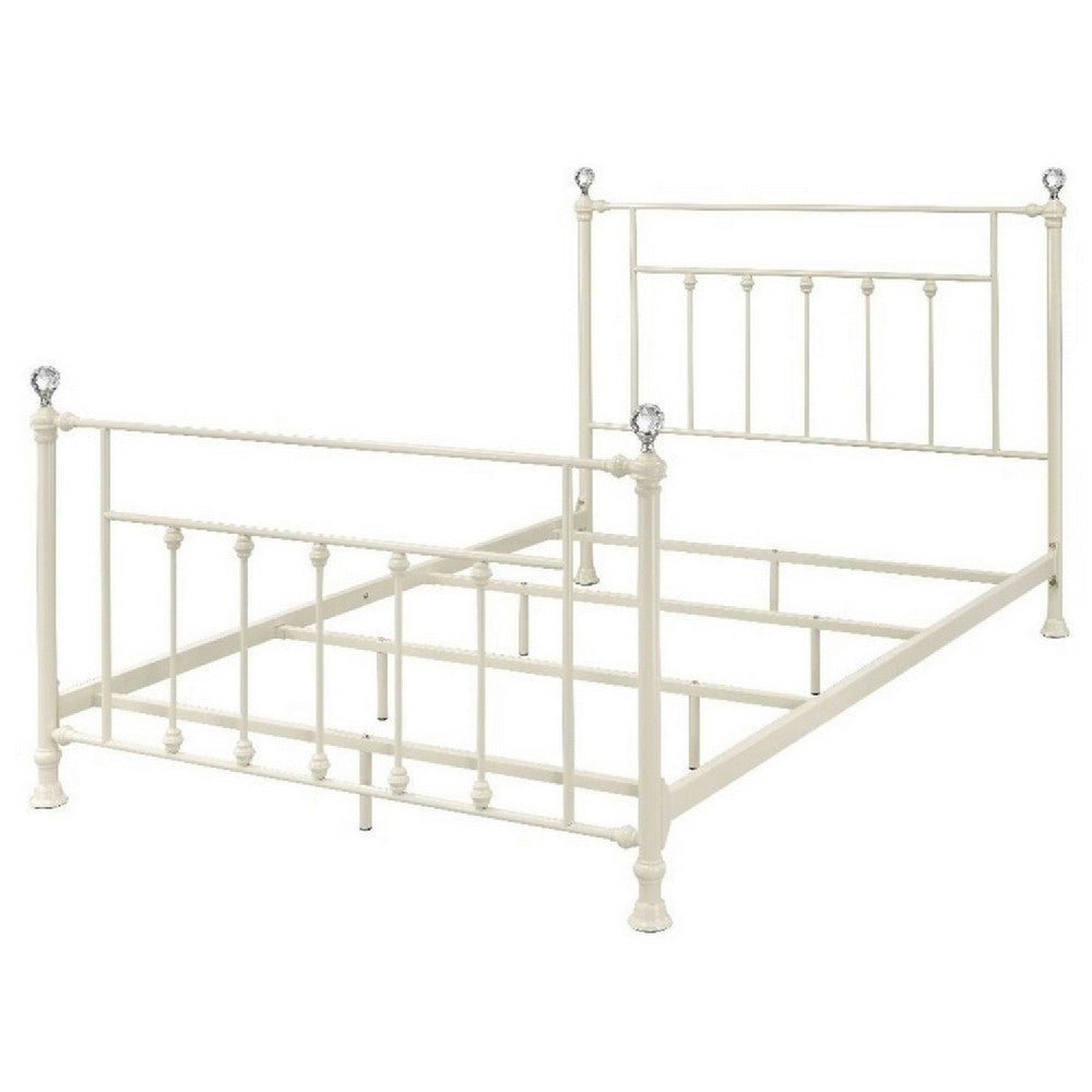 Metal Queen Bed with Spindle Design and Crystal Accents, White By Casagear Home