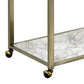 2 Tier Serving Cart with Faux Marble and Metal Frame, Silver By Casagear Home