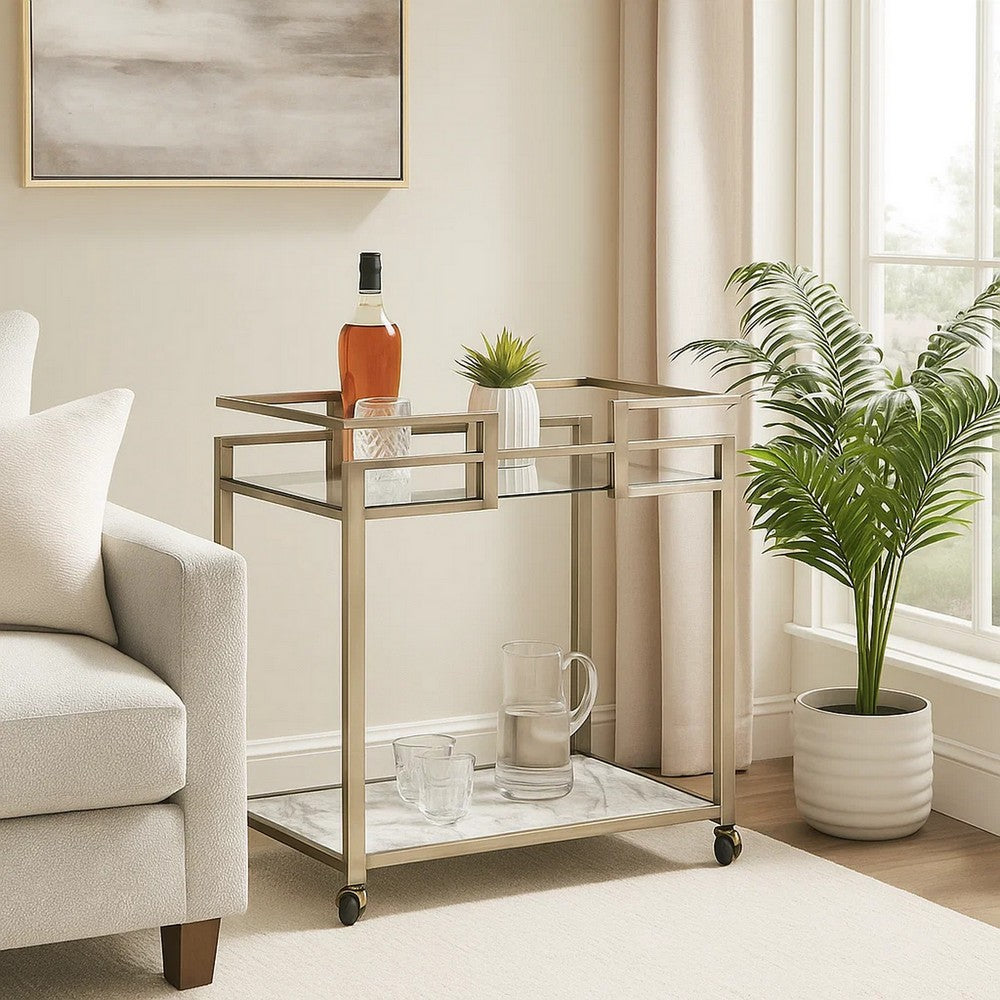 Nova Serving Cart | 2 Tier | Faux Marble | Metal Frame | Silver