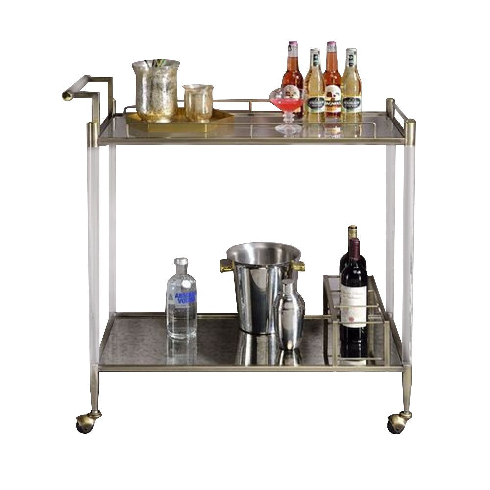 2 Tier Serving Cart with Acrylic and Metal Frame, Brass