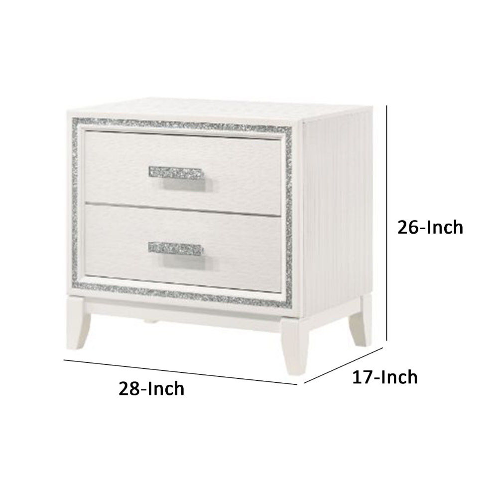 Nightstand with 2 Drawers and Shimmer Accent Trim, White By Casagear Home