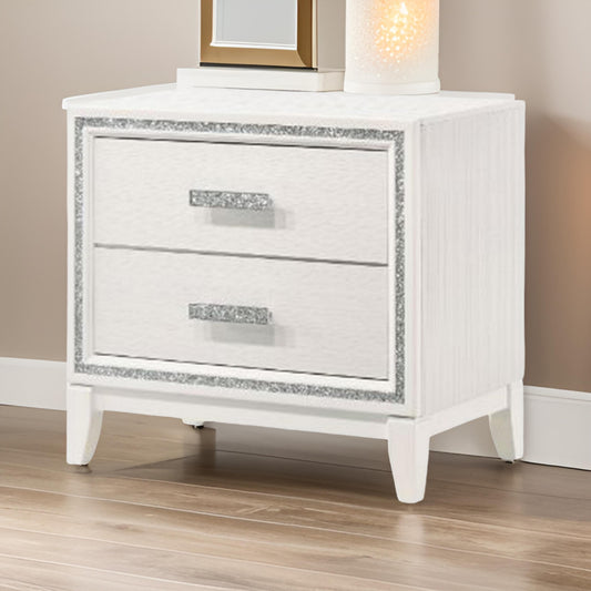 Nightstand with 2 Drawers and Shimmer Accent Trim, White By Casagear Home