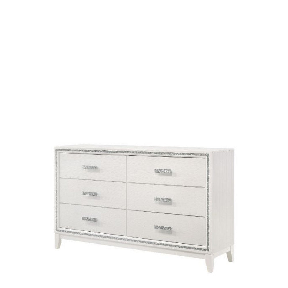 Dresser with 6 Drawers and Shimmer Accent Trim, White By Casagear Home