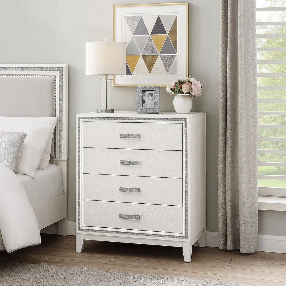 Chest with 5 Drawers and Shimmer Accent Trim, White