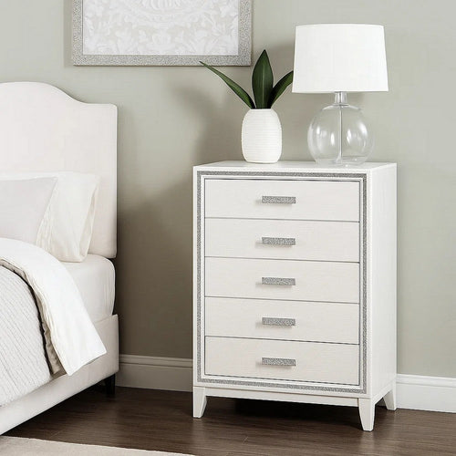 Chest with 5 Drawers and Shimmer Accent Trim, White