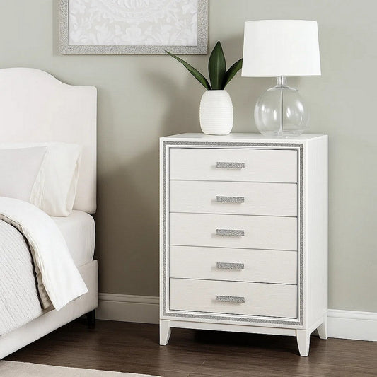 Chest with 5 Drawers and Shimmer Accent Trim, White