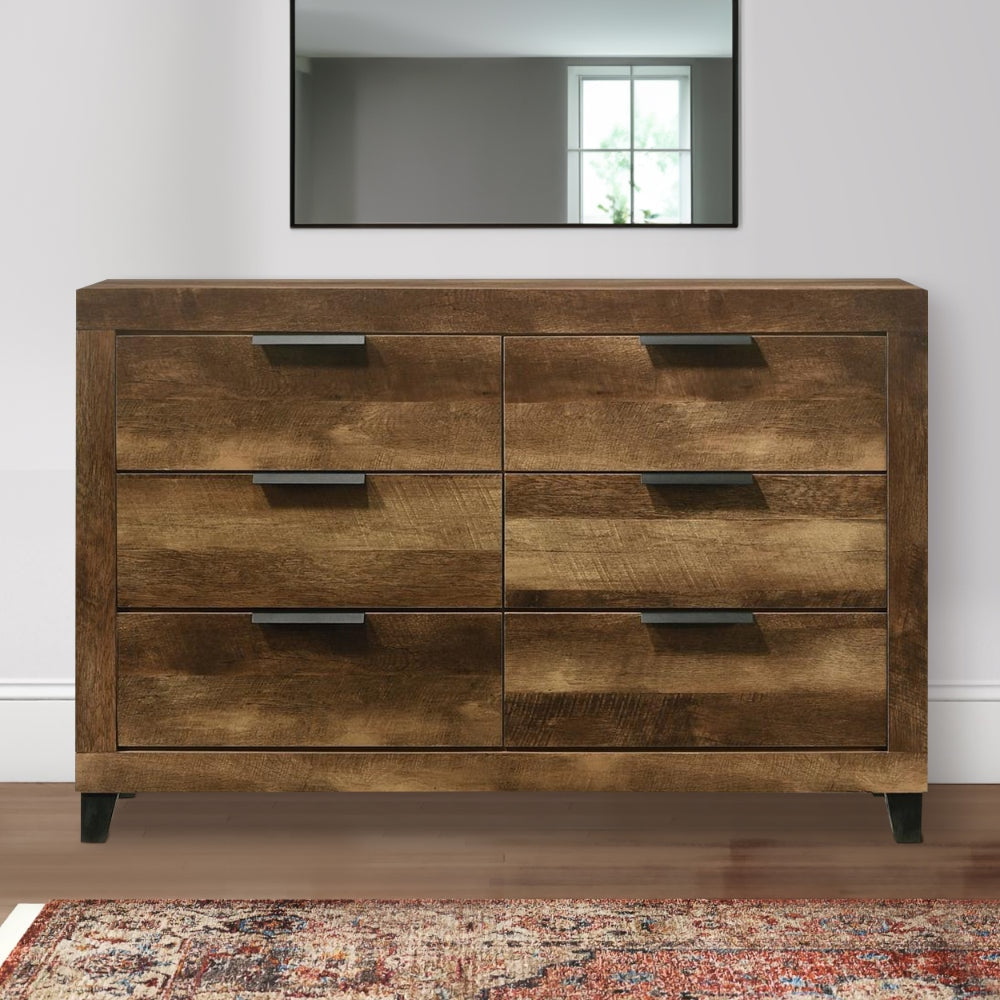 Dresser with 6 Drawers and Plank Style, Rustic Oak Brown By Casagear Home