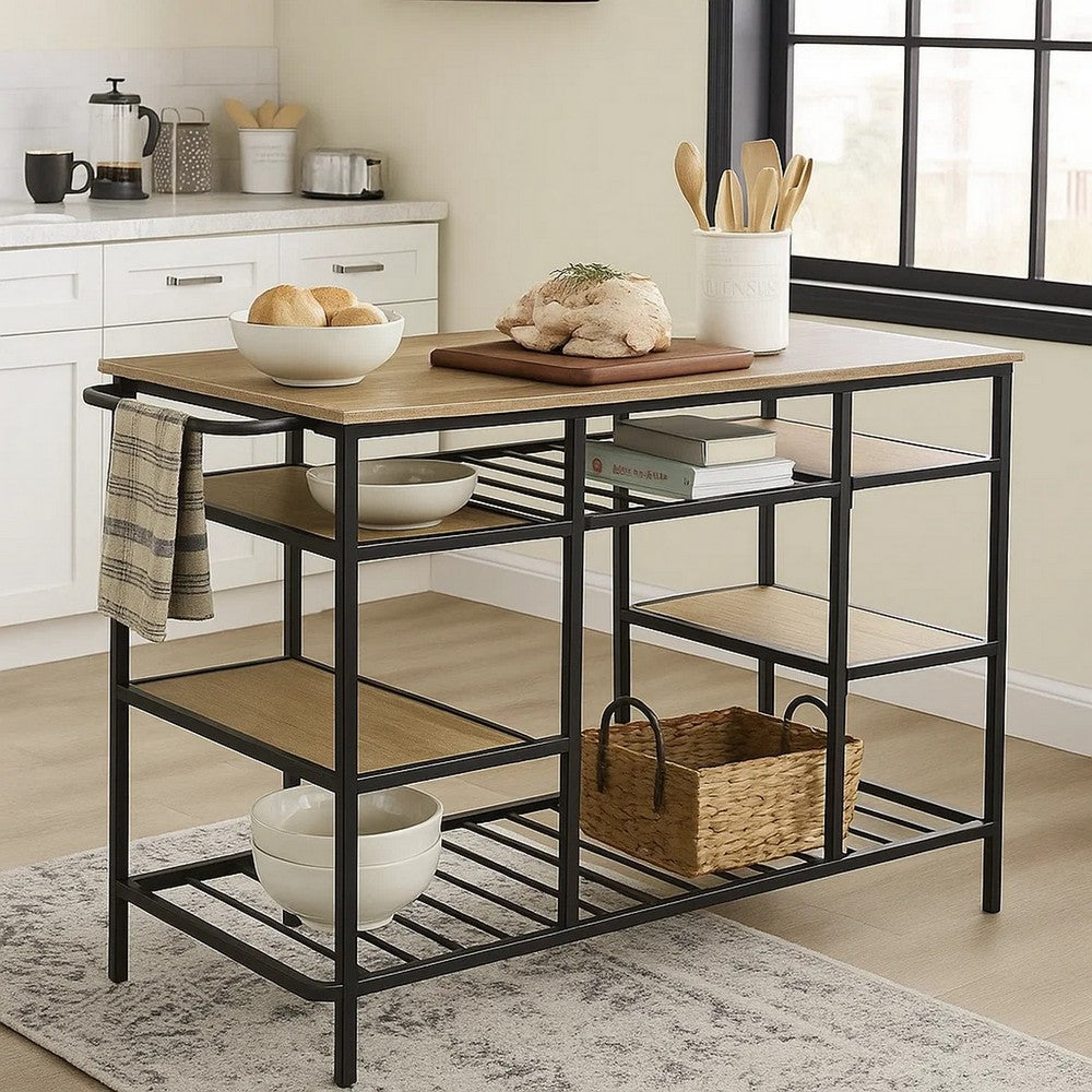 Kitchen Island with Slatted and Bottom Shelves, Oak Brown